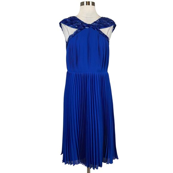 Adrianna Papell Women's Cocktail Dress Size 8 Blue Beaded Chiffon A-Line Midi - Picture 1 of 14